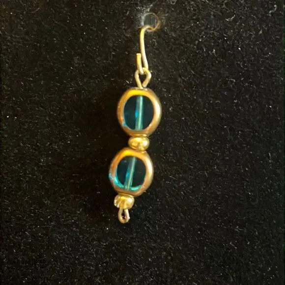 Handcrafted Gold tone earrings with Blue and gold beading - Picture 2 of 3